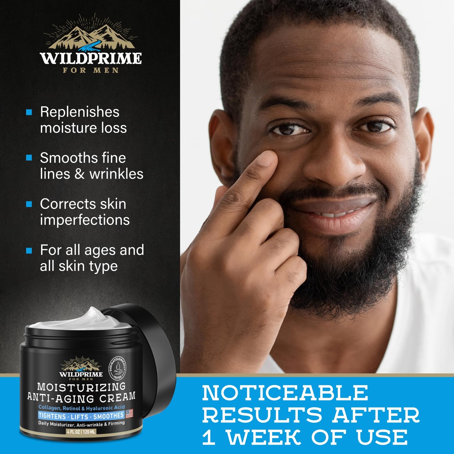 Men's Face Moisturizer Cream - Anti Aging & Wrinkle - Men's Shave Lotion - Made in USA - Collagen, Hyaluronic Acid, Vitamins E & A, Avocado Oil - Age Facial Skin Care, Day & Night Moisturizing, 4 oz