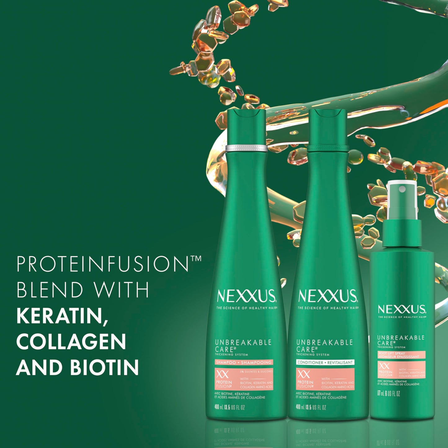 Nexxus Unbreakable Care Shampoo, Conditioner, and Leave-In Spray 3 Pack For Fine and Thin Hair with Keratin, Collagen, Biotin