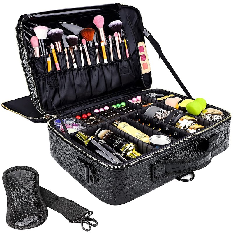 Large Capacity Travel Makeup Case Organizer - Waterproof PU Leather with Adjustable Dividers & Shoulder Strap | Perfect for Brushes & Jewelry