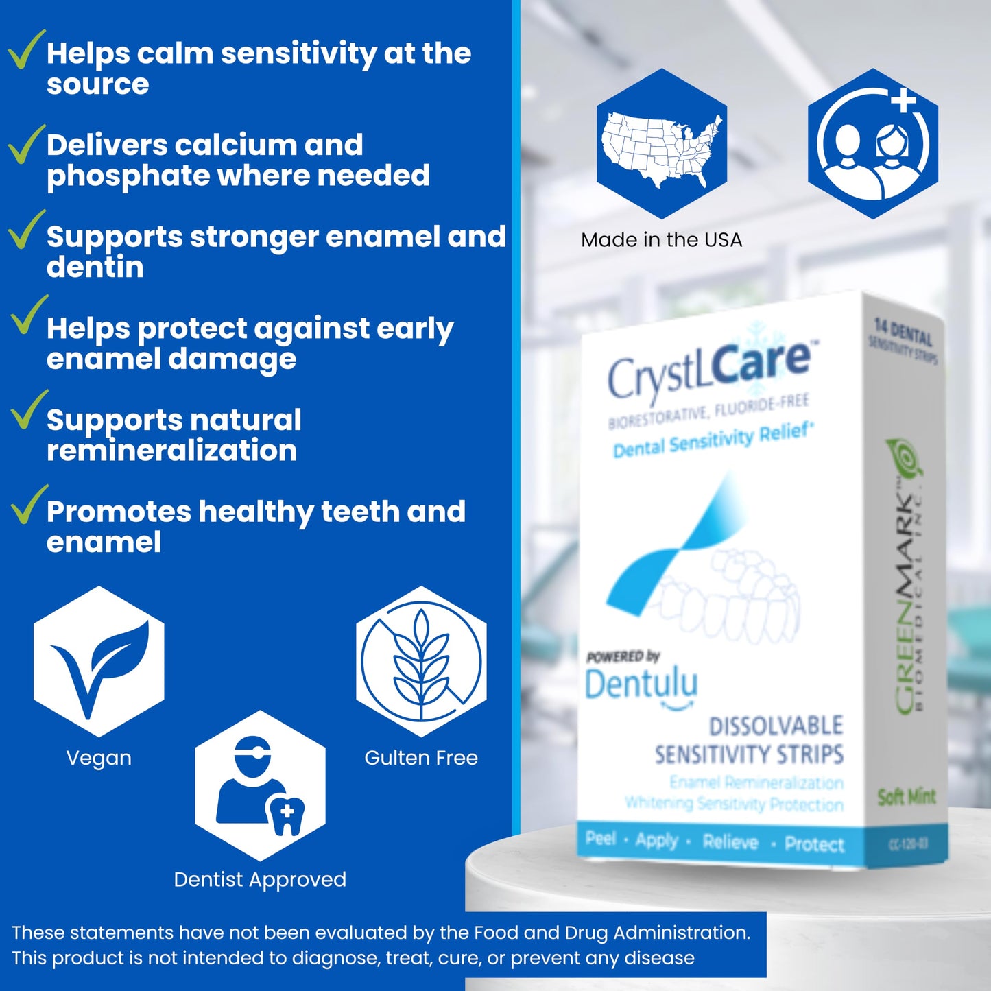 Dentulu CrystLCare Biorestorative - Fluoride-Free Dental Strips for Tooth Sensitivity Relief, Enamel Support & Remineralization with Nano Hydroxyapatite Oral Care (14 Count)