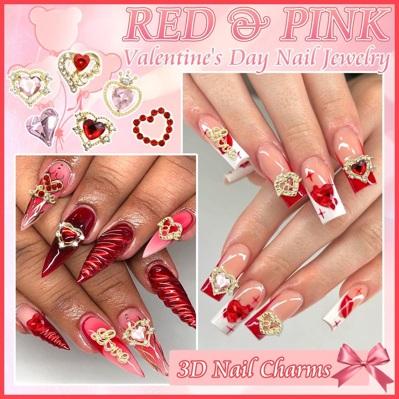 BELICEY 75Pcs 3D Gold Nail Charms Red Pink Heart Nail Charms Alloy Flatback Love Letter Charms for Nails Heart Shaped Gems and Rhinestones for Women Valentine‘s Day Manicure DIY Nail Art Design Crafts