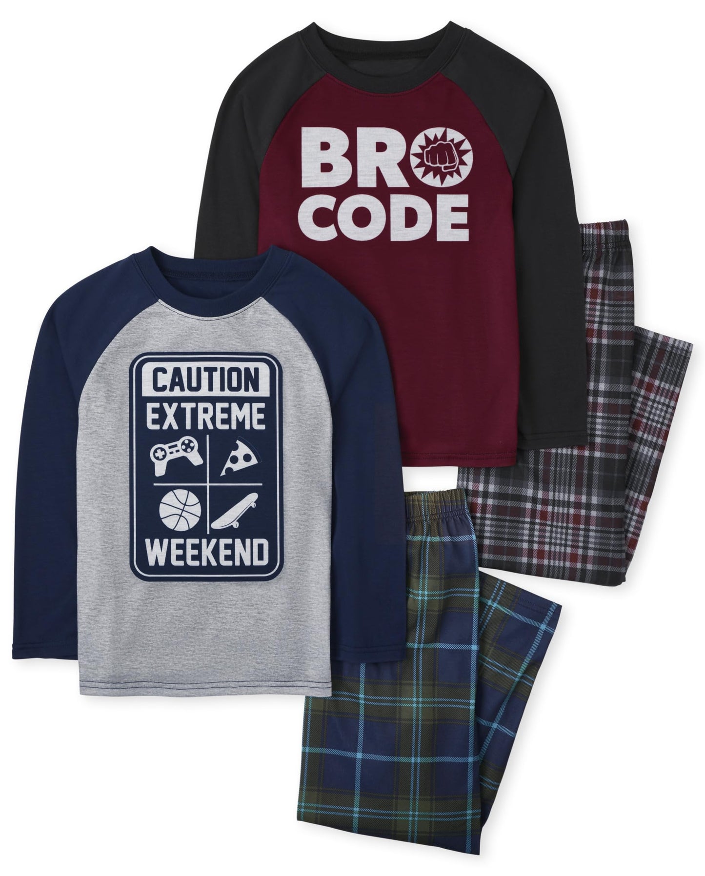 The Children's Place,Long Sleeve Top and Pants 2 Piece Pajamas Sets,2 pack,CAUTION EXTREME/BRO CODE,Medium (7/8)