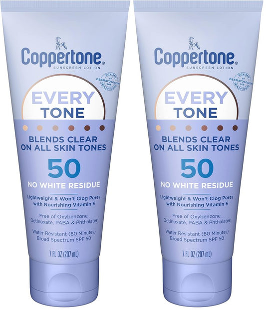 Coppertone Every Tone Sunscreen Lotion SPF 50, Lightweight, Rubs on Clear Sunscreen for All Skin Tones, Formulated with Nourishing Vitamin E, 7 Fl Oz Tube (Pack of 2)