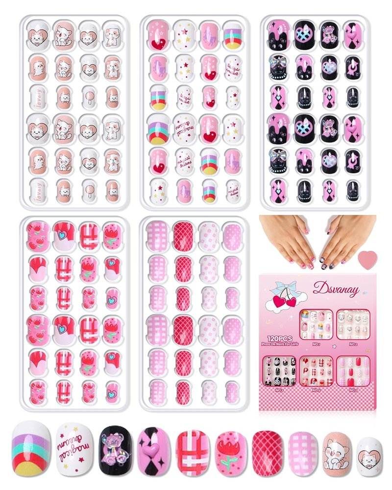 Press On Nails for Kids - 120PCS Glitter Nail Kit | Reusable Full Cover Designs for Ages 8-12
