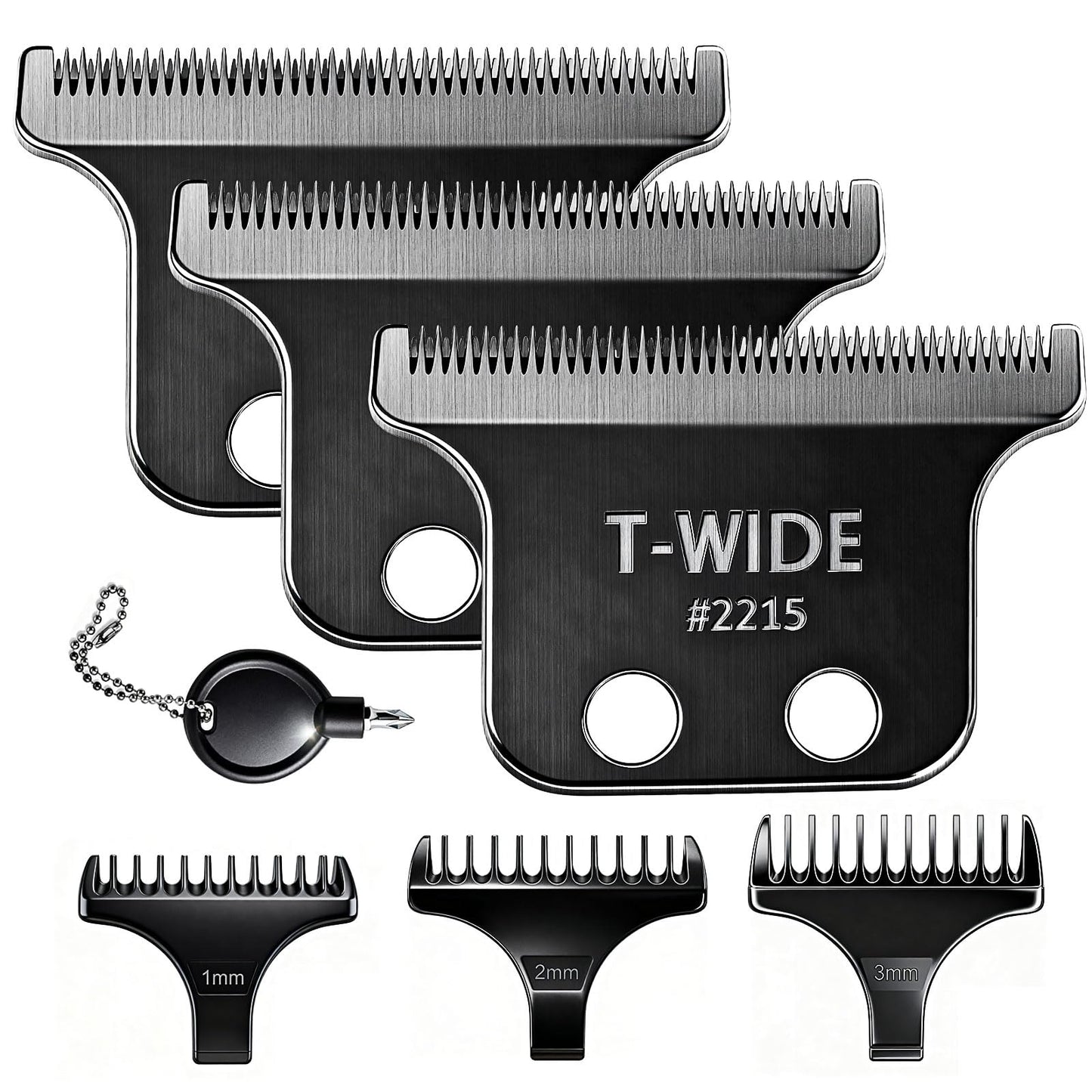 2PCS 2215 Replacement T Wide Blades Compatible with Wahl 5 Star Detailer Li Trimmer(8081) and (8171) - Adjustable Stainless-steel Zero-Gap Trimmer Blade ((3PCS-Black)