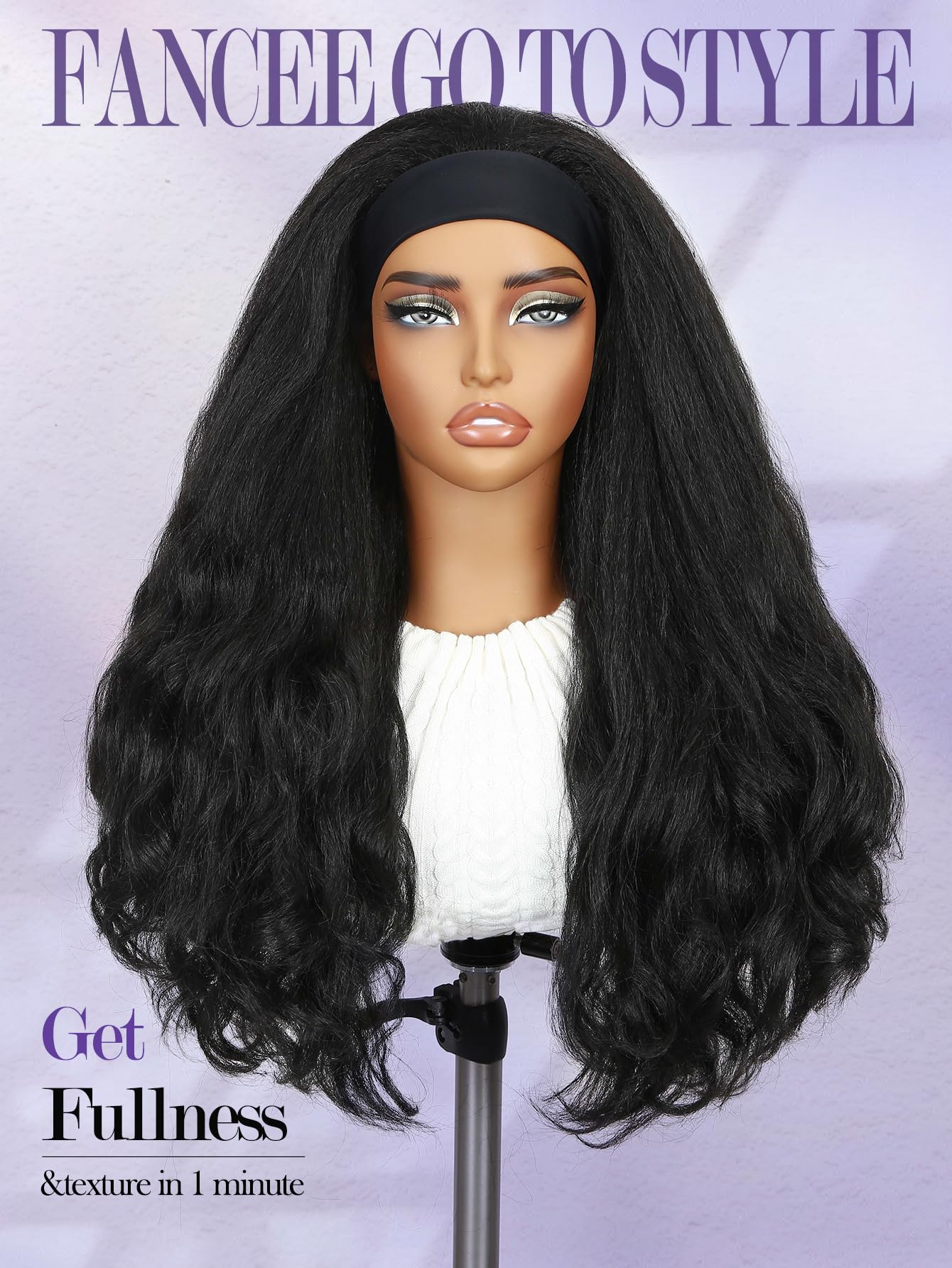 FANCEE Yaki Wavy Headband Wigs for Black Women 26 Inch Black Kinky Straight Wear and Go Wig with Curly Wavy Ends Synthetic Glueless Half Wig with Headbands Attached Blow Out Style Natural Hair Texture