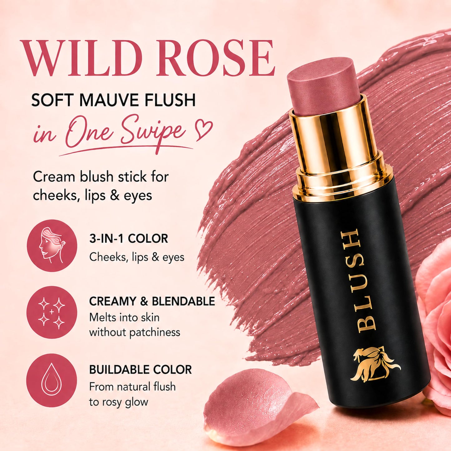 Cream Blush Stick by Phoenix Beauty – 3-in-1 Cheek, Lip & Eye Color | High Pigment, Hydrating Formula with Shea Butter & Hyaluronic Acid | Multi-Use Makeup Stick for Dewy Skin (Wild Rose, Regular)