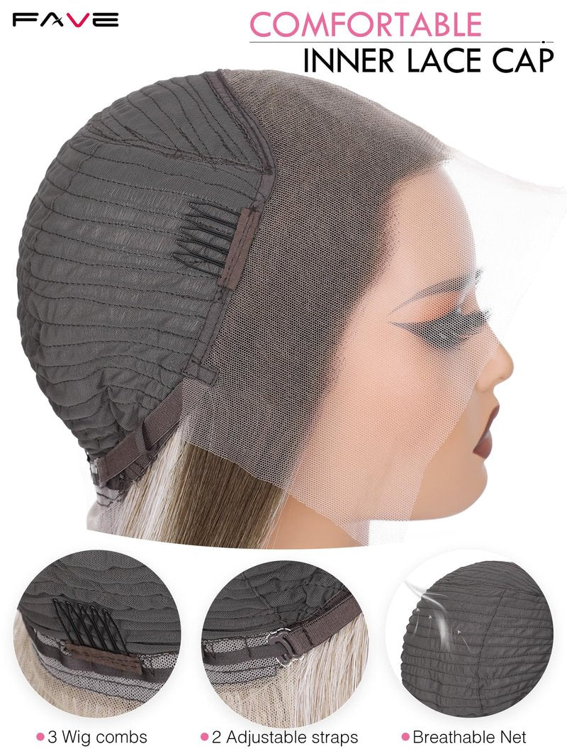 FAVE 13x4 HD Lace Front Wig 28" Ombre Wig Ash Blonde with Brown Wig Long Straight Synthetic Hair Pre-Plucked Hairline Heat-Resistant Glueless Lace Front Wigs for Women