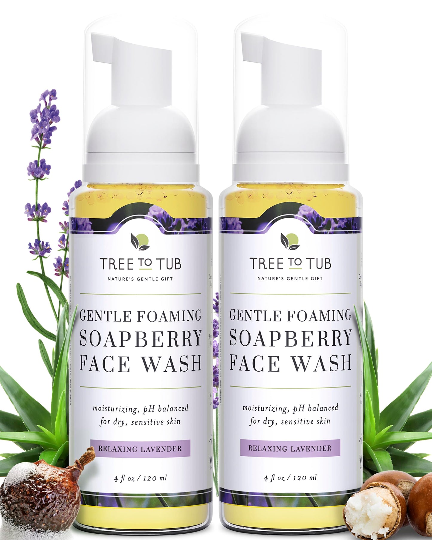 Tree To Tub Sensitive Skin Face Wash for Dry Skin - Moisturizing Gentle Face Cleanser for Women & Men, Hydrating Foaming Facial Cleanser, Daily Face Soap w/Organic Aloe Vera, All Natural Lavender Oil