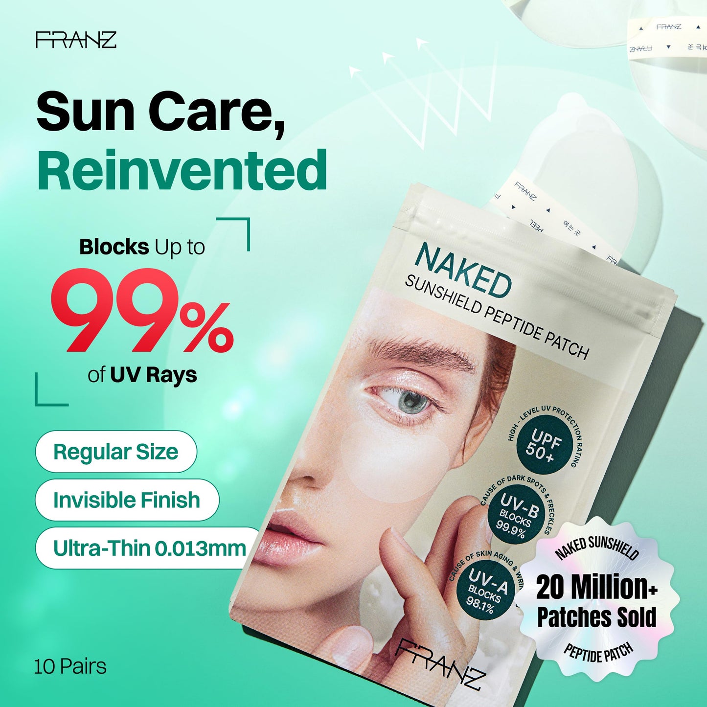 FRANZ Invisible UV Sun Patches for Face, UPF 50+ Golf (Regular, 10 Pairs)