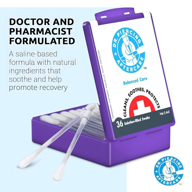 Dr. Piercing Aftercare Swabs - Saline Solution for Earring, Nose & Belly Piercings | 72 Swabs (2-Pack)