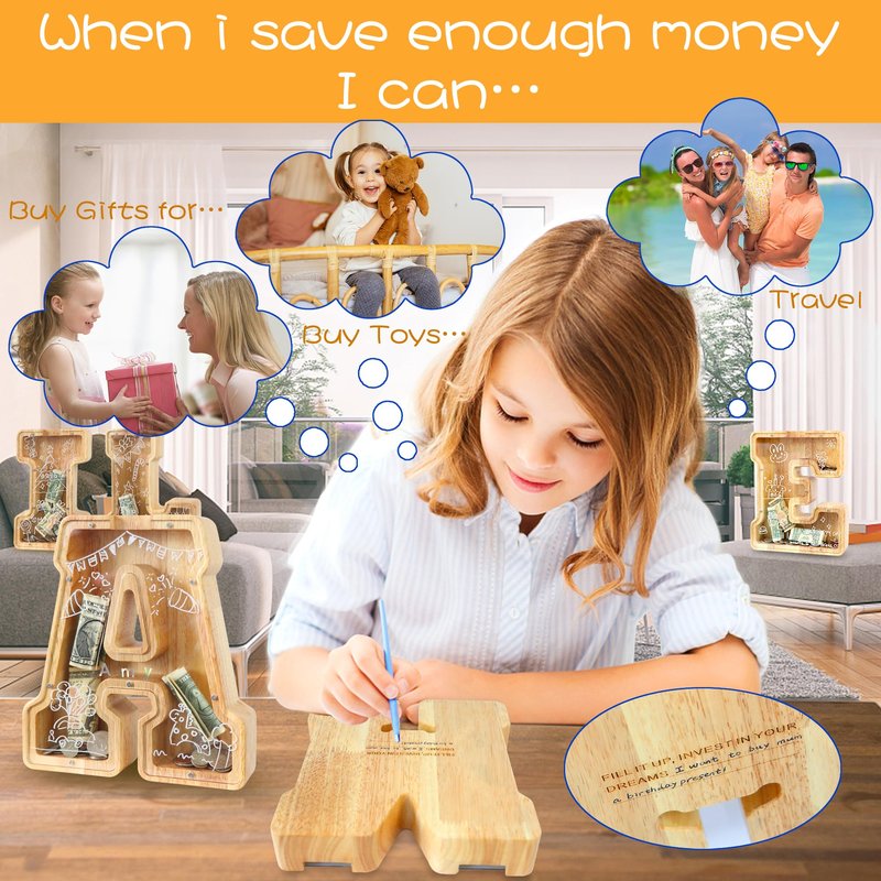 weallbuy Large Letter Piggy Bank for Kids Boys Girls Wooden Personalized Piggy Banks A-Z with Target Area Clear Alphabet Banknote Coin Banks for Gift Decoration Baptism (M)