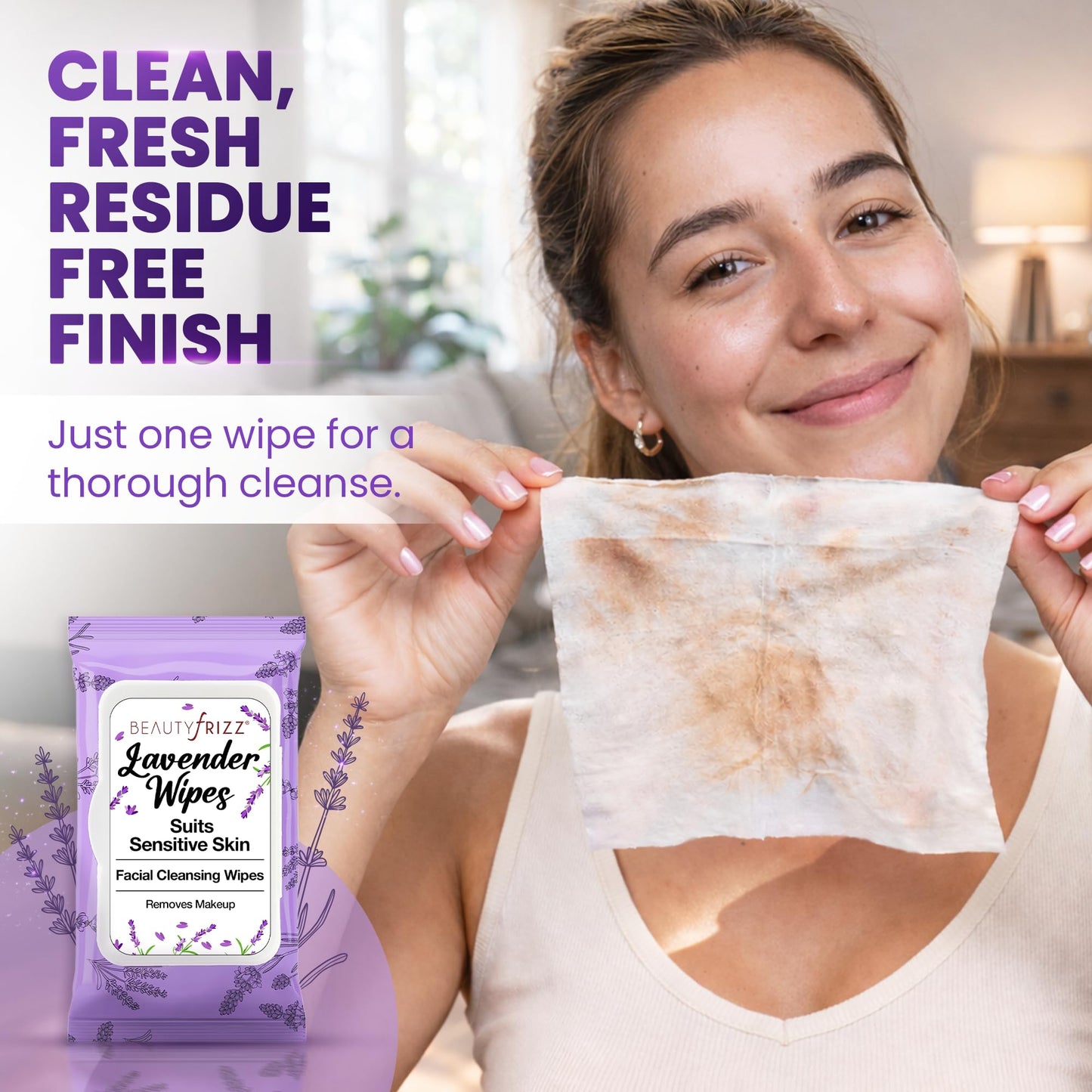 BeautyFrizz Lavender Face Wipes - Gentle No Rinse Makeup Remover and Facial Cleansing Wipes - Contains Aloe, Castor, Vitamin A and E - Suits Sensitive Skin - Moisturizing - Extra Soft (120 pcs)