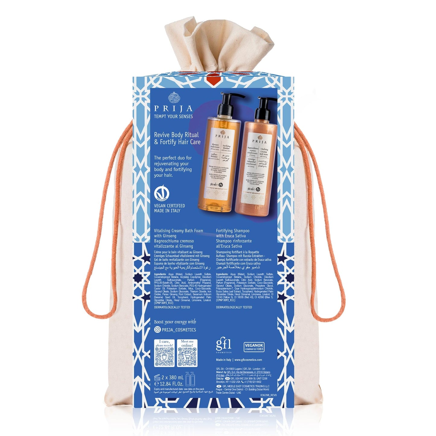 Prija Hair and Body Gift Set with Fortifing Shampoo and Vitalising Creamy Bath Foam with Natural Oils and Warm Notes of Vanilla, Cardamom and Cedar Wood 2 x 12.85 fl oz