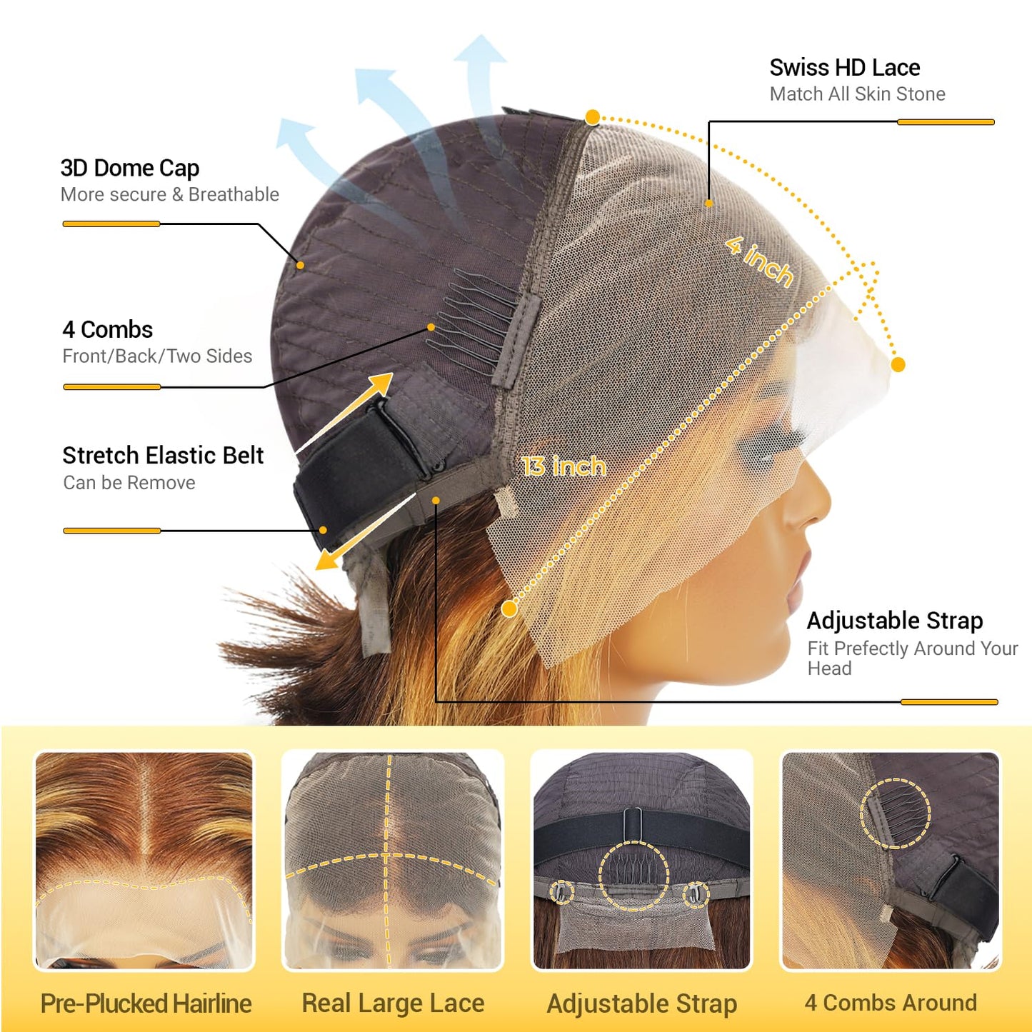 Highlight Bob Wigs - Human Hair Straight 13x4 HD Lace Front Wig | 4/27 Honey Blonde, 8 Inch, 180% Density, Pre-Plucked with Baby Hair