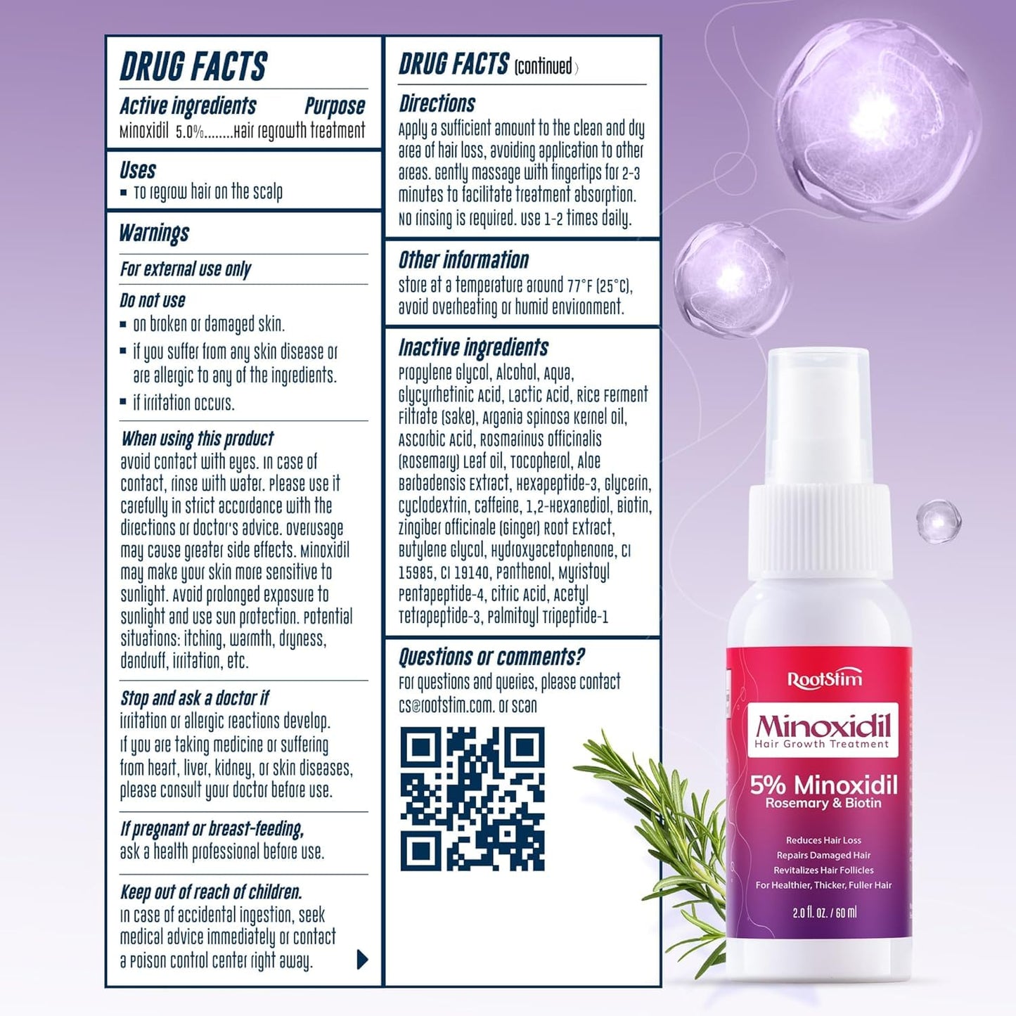 Women's 5% Minoxidil Spray for Hair Growth: RootStim Extra Strength Minoxidil with Rosemary & Biotin for Thinning Hair Regrowth and Fuller Hair - 2.37 Fl Oz