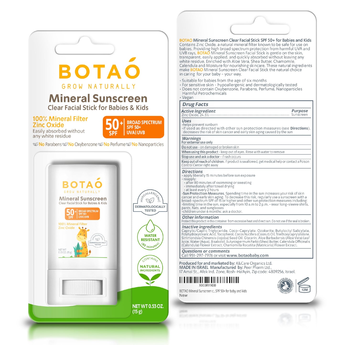 Botao baby Mineral Sunscreen Stick 100% Zinc Oxide SPF 50+ Water Resistant UVA/UVB Protection Easy to Apply Fragrance Free, babies & kids, for sensetive skin, Unscented