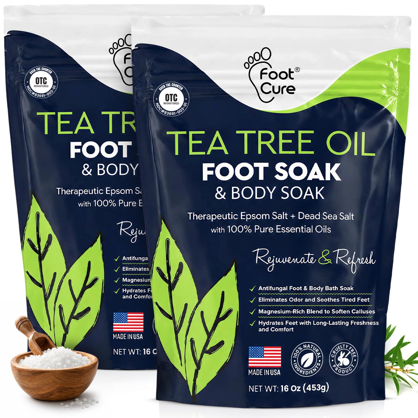 FOOT CURE Tea Tree Oil Foot Soak with Epsom Salt - Best Toenail Fungus Treatment, Athletes Foot & Softens Calluses - Soothes Sore & Tired Feet, Fungal Toe, Foot Odor Scent, Spa Pedicure (Pack of 2)