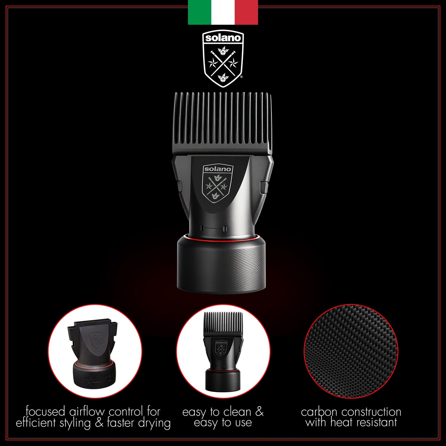 Solano 2 in 1 Dryer Attachment Universal Professional Comb & Concentrator - Italian Made - Straighten Hair - Comb Gentle on Scalp