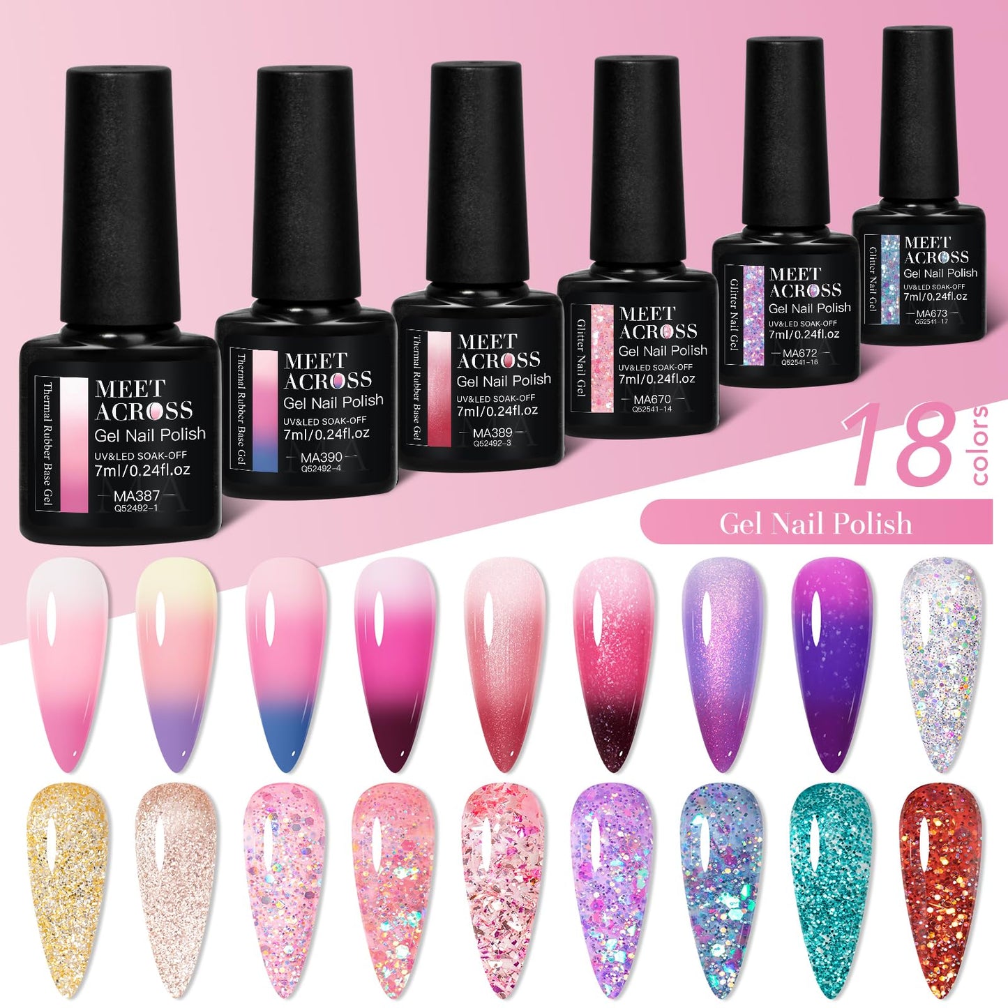 MEET ACROSS Color Changing Rubber Base Builder Gel Polish Nude Pink Purple Mood Temperature Change Nail Polish + Jelly Glitter Gel Nail Polish, Base Color Gel Polish Set 18pcs*7ml