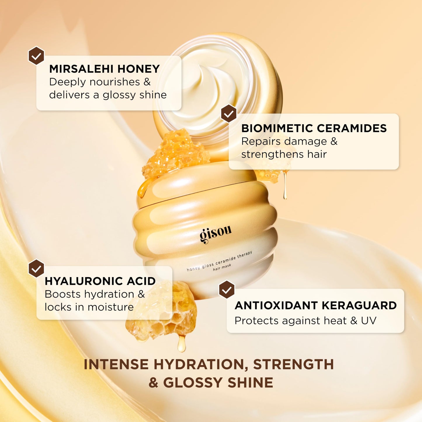 Gisou Honey Gloss Ceramide Therapy Hair Mask – Deep Repair & Hydration with Mirsalehi Honey, Ceramides & Hyaluronic Acid