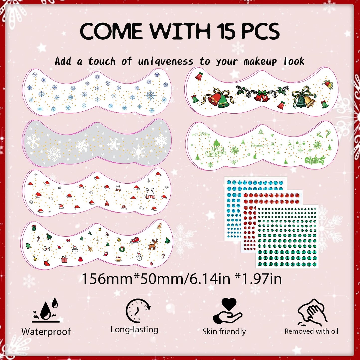 15 PCS Christmas Face Temporary Tattoos, With Red Green White Face Gems Glitter Freckles Face Tattoo for Women, Waterproof Christmas Accessories Face Makeup for Cosplay Party Supplies