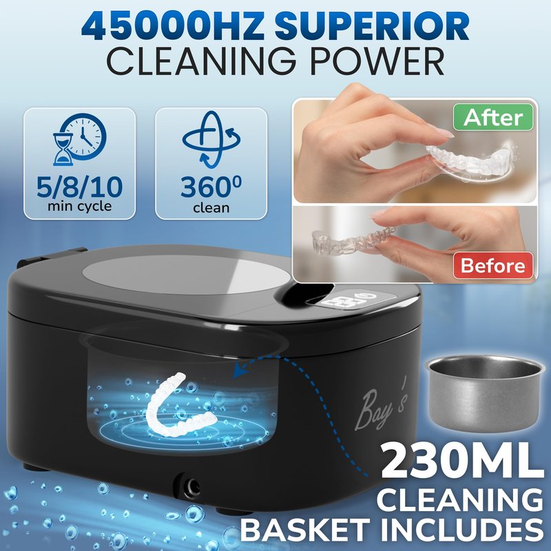 BAY'S 45kHz Ultrasonic Cleaner for Retainers, Night Guards, and All Dental Appliances – Includes 230ml Cleaning Basket – Perfect for Jewelry and Dental Accessories (Black)