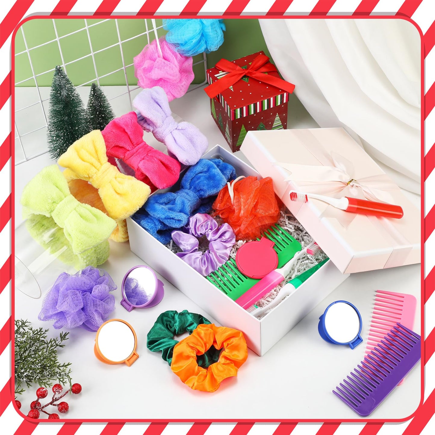 Seeloowy 144 Pcs Christmas Gifts Spa Party Favors Colorful Wide Tooth Combs Toothbrush Headbands Bath Loofah Shower Hair Rings Compact Mirrors for Stocking Stuffers Gifts Basket Sleepover Party