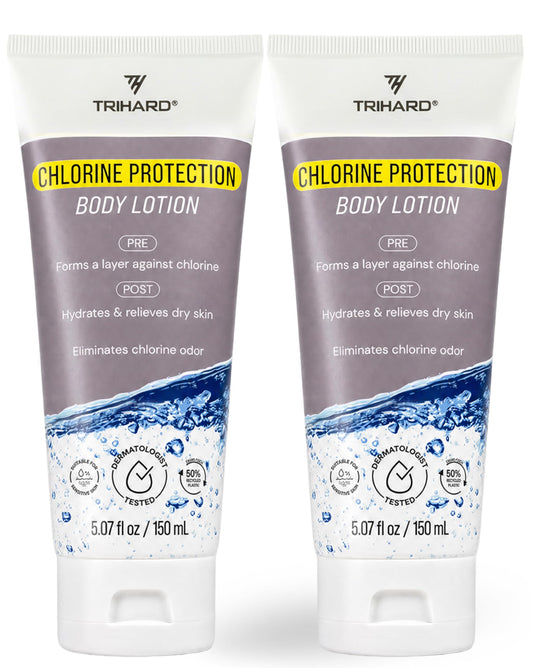 TRIHARD Chlorine Defense Body Lotion for Swimmers, Protects and Hydrates Sensitive Skin from Pool and Ocean, Pre and Post Swim Chlorine Protection from Hard Water and Chemicals (Pack of 2)
