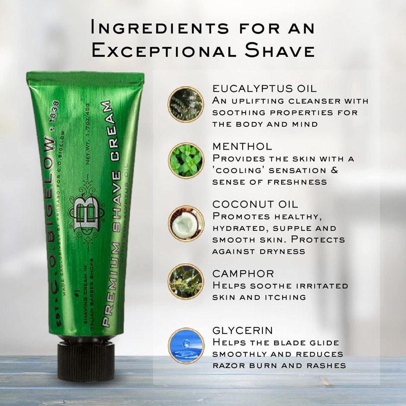 C.O. Bigelow Shaving Cream - Eucalyptus Oil Formula for Sensitive Skin | 5.2 oz Tube