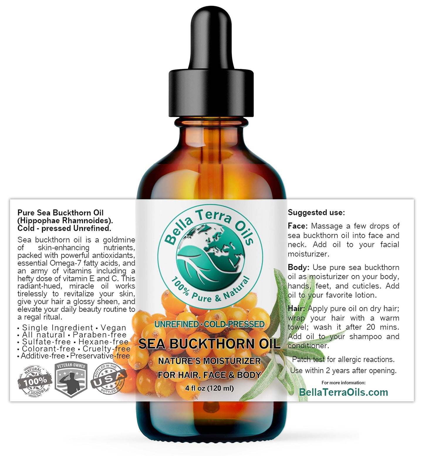 Bella Terra Oils - Sea Buckthorn Oil 16 oz - Capturing the Essence of Natural Sea Buckthorn Berries, Loaded with Omega-7 & Omega-9, A Sumptuous Embrace for Skin