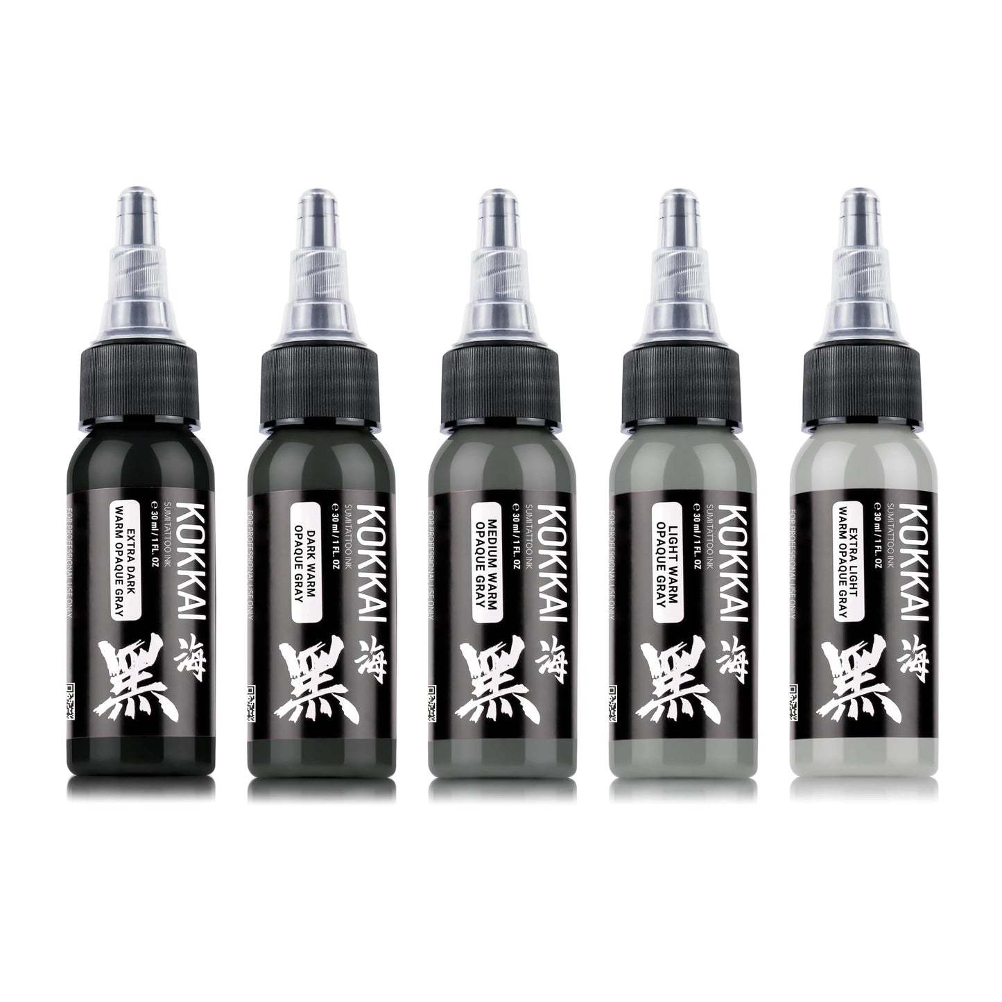 Kokkai Sumi Warm Opaque Gray Tattoo Ink Set, Premium Quality, Precision Medium Viscosity, Rich Hue, Quick Healing, Acrylic-Free, Water-Based, Ready-to-Use Ink for Precision Tattooing (Set of 5, 1 oz)
