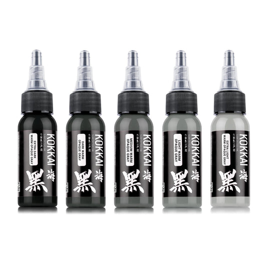 Kokkai Sumi Warm Opaque Gray Tattoo Ink Set, Premium Quality, Precision Medium Viscosity, Rich Hue, Quick Healing, Acrylic-Free, Water-Based, Ready-to-Use Ink for Precision Tattooing (Set of 5, 1 oz)