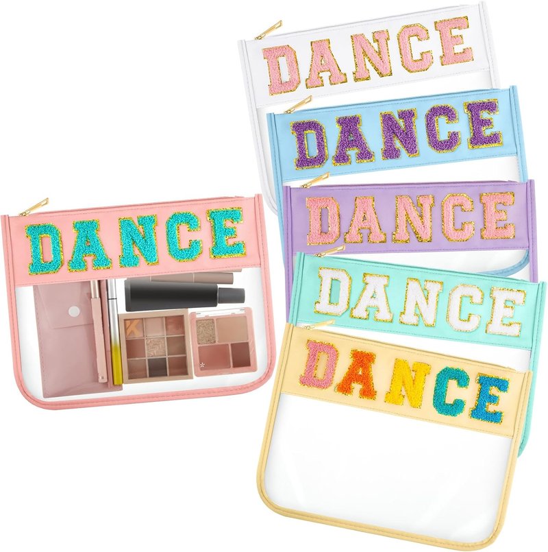 Chenille Letter Dance Makeup Bags - 6 Pcs Waterproof PVC Cosmetic Organizer | Clear Portable Toiletry Pouch (Candy Color)