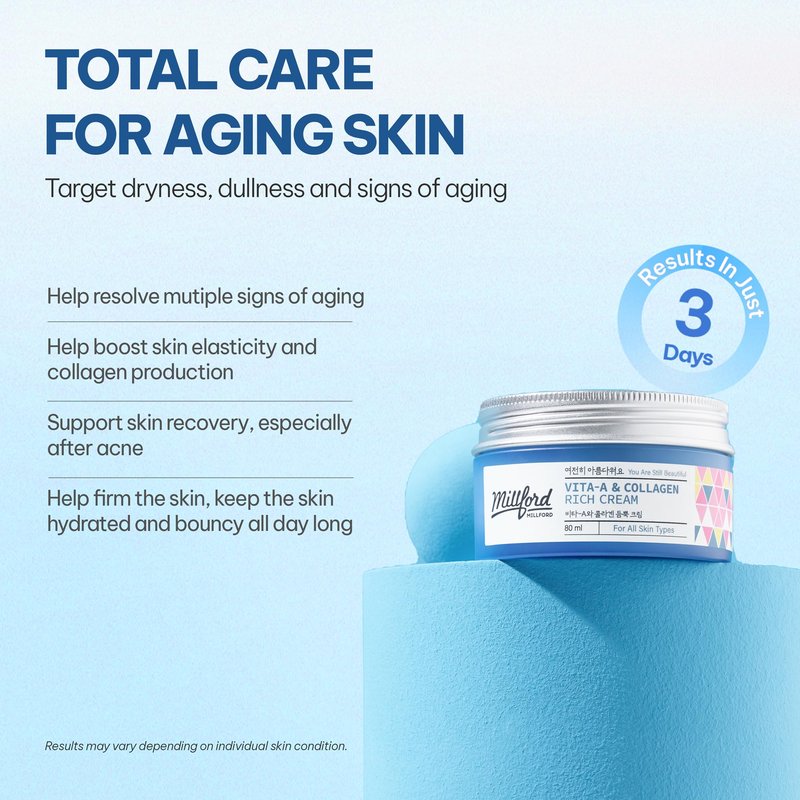 Millford Vita A & Collagen Rich Cream 80ml/2.7 Oz, Fish/Marine Collagen, Face Cream, Anti Aging, Facial Moisturizer, Wrinkes, Fine Lines, Retinyl Palmitate, Korean Skincare