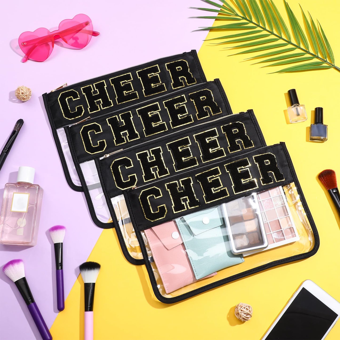 Abbylike 4 Pcs Cheer Makeup Bag Gift Set 11.8x8.2 Inches for Cheerleader Team Girls Clear Chenille Letter Cosmetic Bags Zipper Toiletry Makeup Pouch Bulk Women Travel Snack Bag(Black,Cheer)