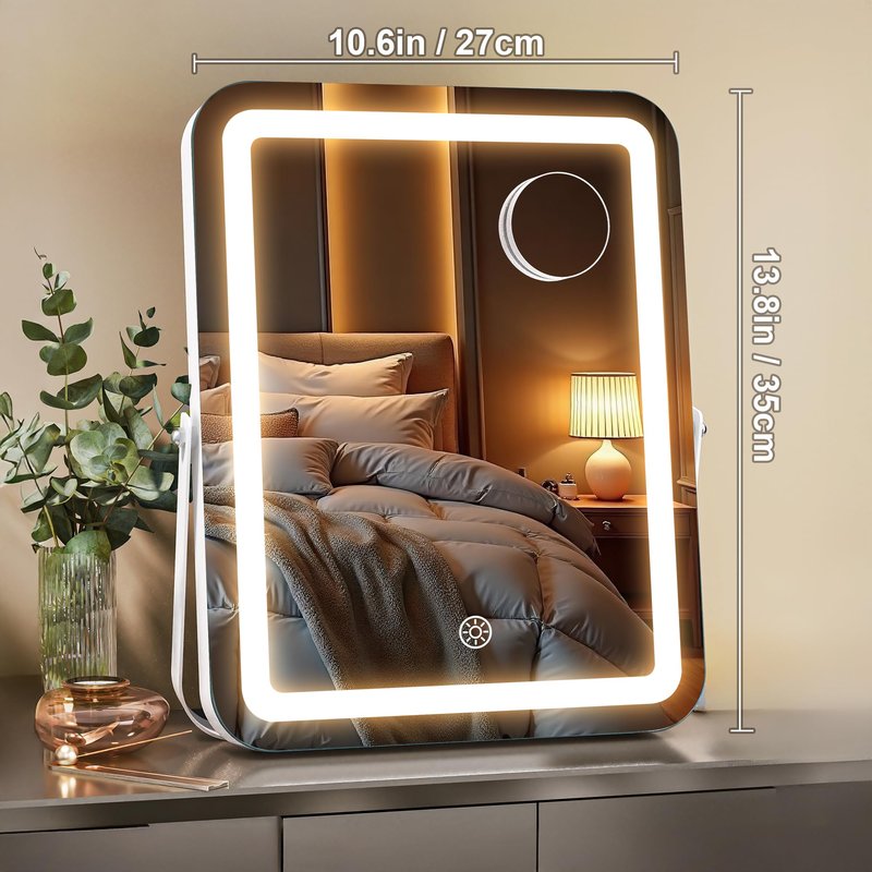 MINISO Vanity Mirror with Lights, 13.8" x 10.6" LED Makeup Mirror, Light & Brightness Adjustment, Smart Sensor, Aluminum Alloy Metal White Frame, with 5X Magnifying Glass