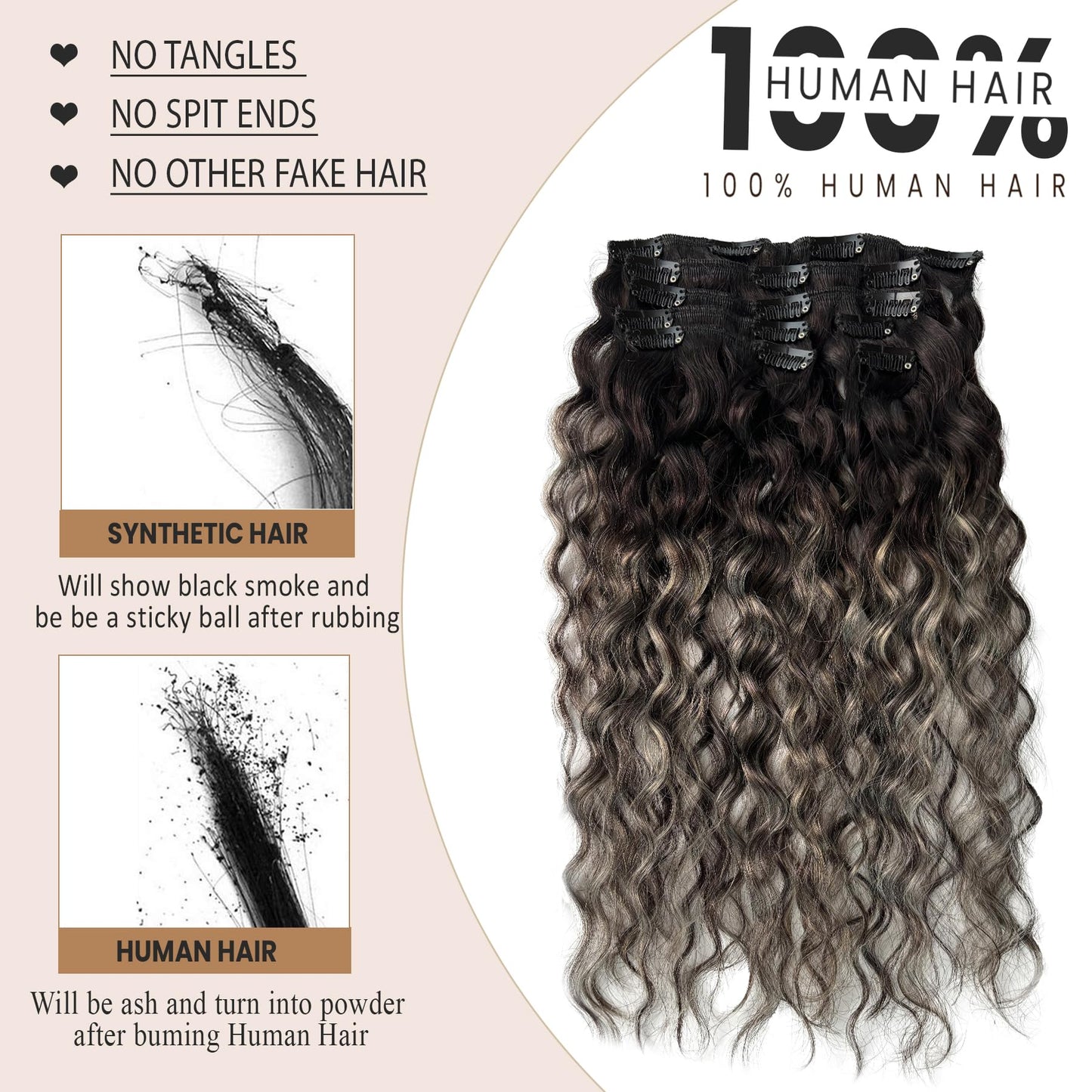 Dark Brown Hair Extensions Real Human Hair Curly Clip in Hair Extensions Real Human Hair 70g 7pcs 16inch Chestnut Brown Water Wavy Soft and Natural Remy Human Hair Extensions (#1bt1b sliver, 16 Inch)