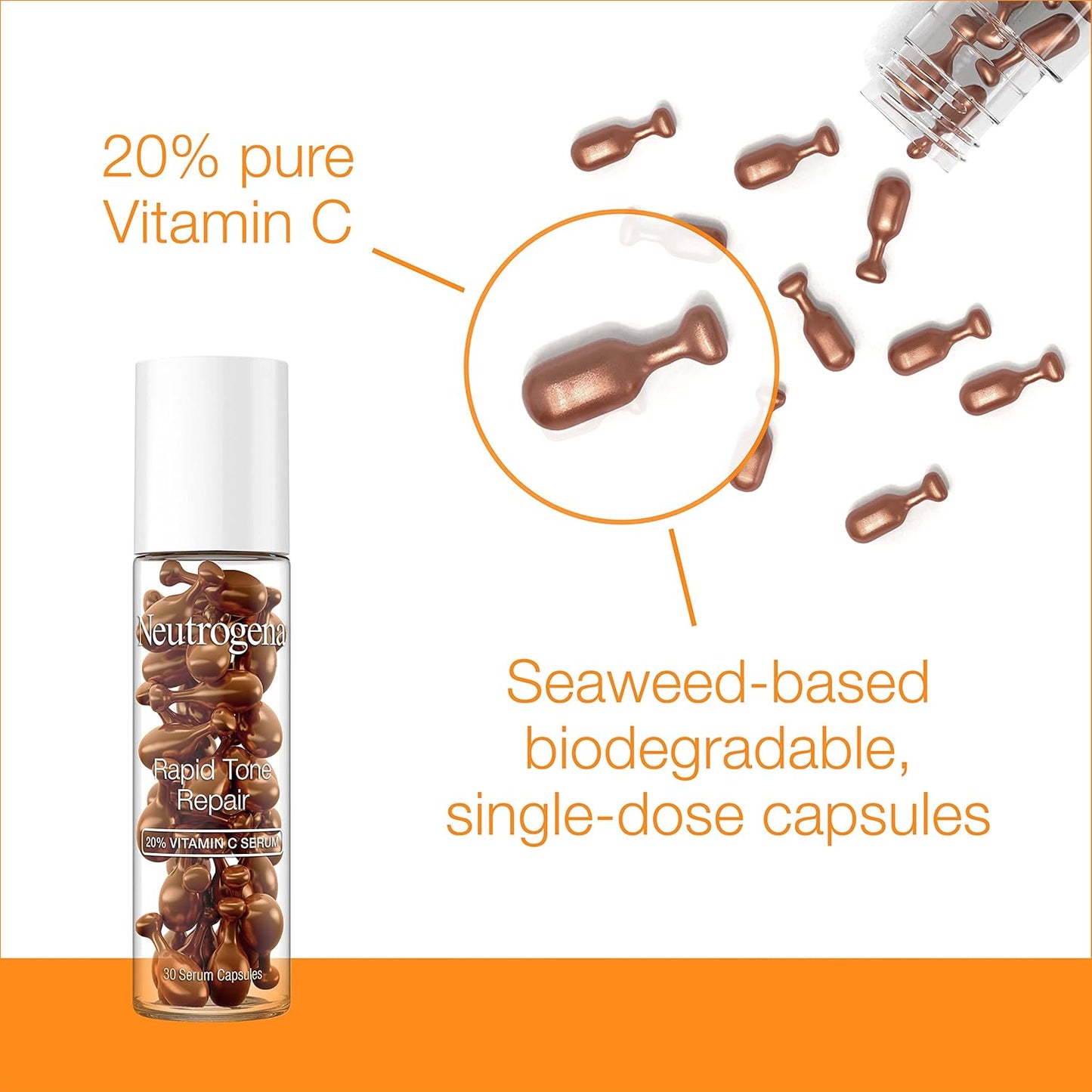 Neutrogena Rapid Tone Repair | 20% Vitamin C Brightening Serum Capsules - Oil-Free Antioxidant for Dark Spots & Even Skin Tone, 30 Count