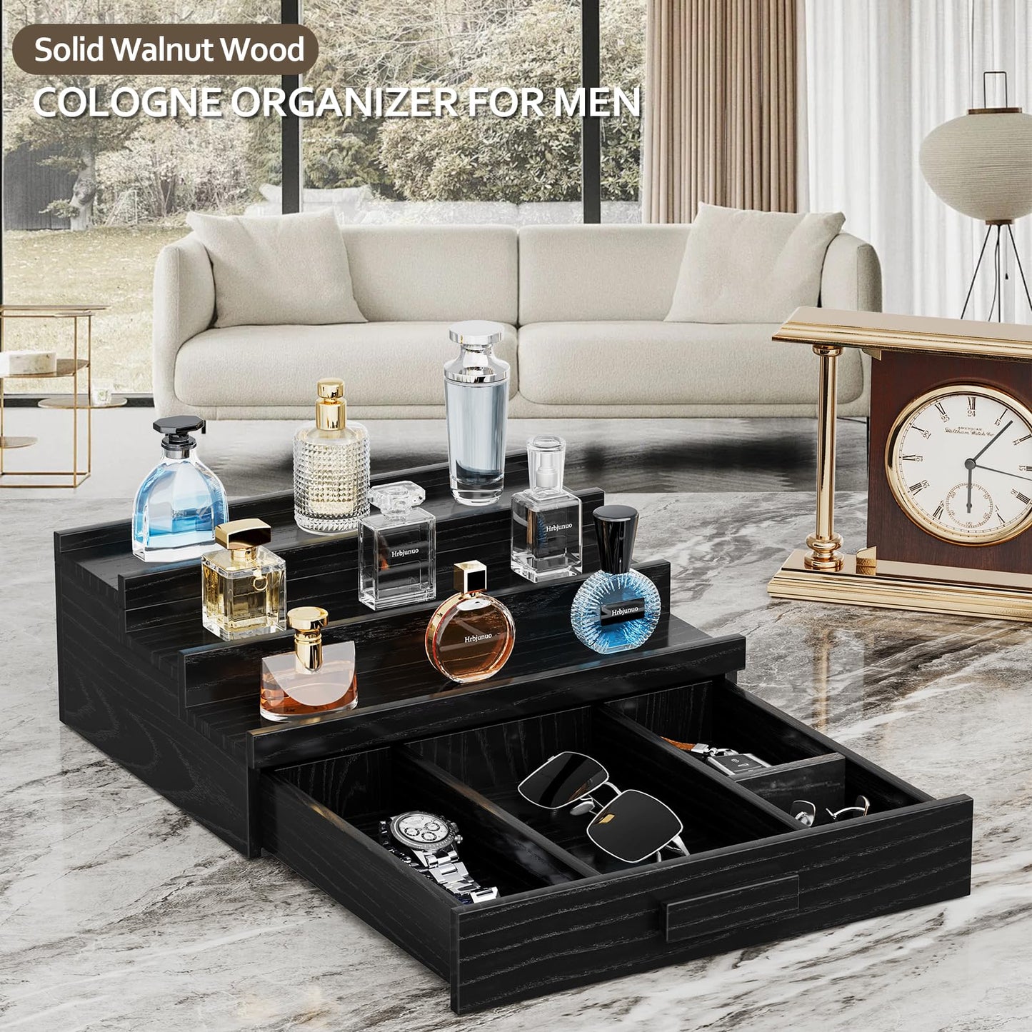 Hrbjunuo Solid Walnut Cologne Organizer for Men,3 Tier Cologne Stand,Wooden Cologne Holder Display Shelf with Drawer Storage and Hidden Compartment,Black Perfume Stand Organizer,Gifts for Men Husband