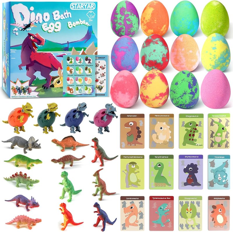Dinosaur Bath Bombs for Kids - 16 Pack Organic Surprise Toys Gift Set | Fun Bubble Bath for Ages 3-9