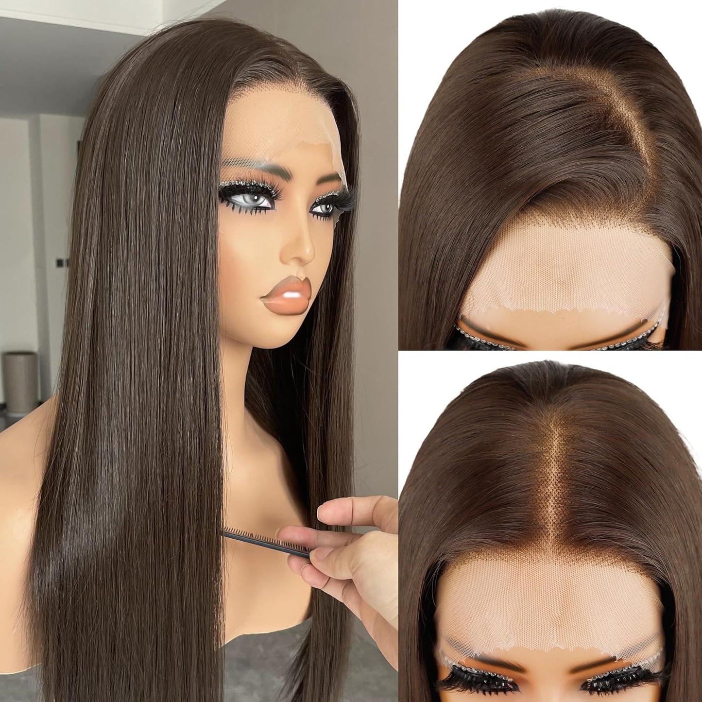 Chocolate Brown Lace Front Wig - 26 Inch Long Straight Synthetic Hair | Pre-Plucked, Glueless Design for Everyday Wear