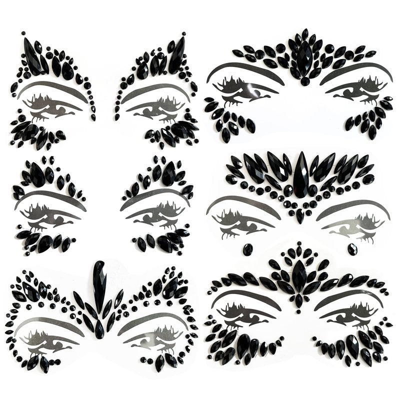 KOTBS 6 Sheets Black Face Gems, Self-Adhesive Rhinestone Face Jewels for Festivals, Halloween, and Costume Parties, Large