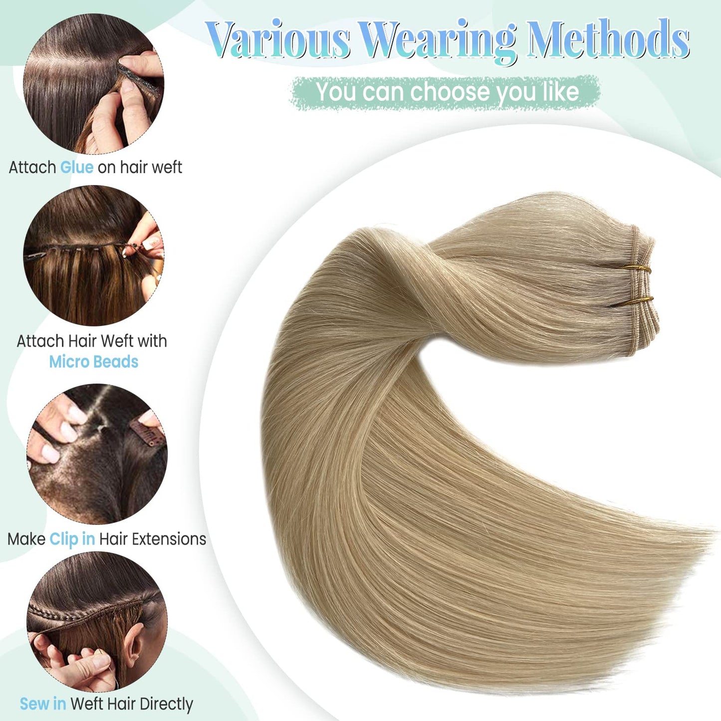 Sew in Hair Extensions Real Human Hair, Blonde Weft Hair Extensions Human Hair, 14 Inch 80G Hand Tied Weft Hair Extensions Human Hair Bundles Weave Extensions for Women
