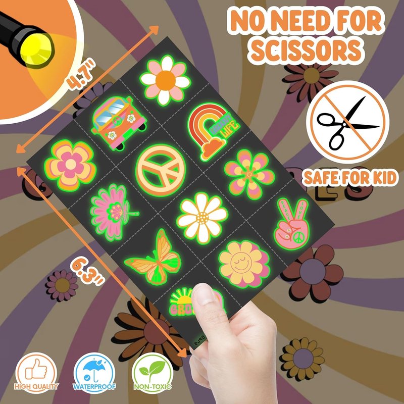 Groovy Party Favors Set - 72 PCS Tattoos & LED Finger Lights | Glow In The Dark Birthday Goodie Bag Fillers for Kids