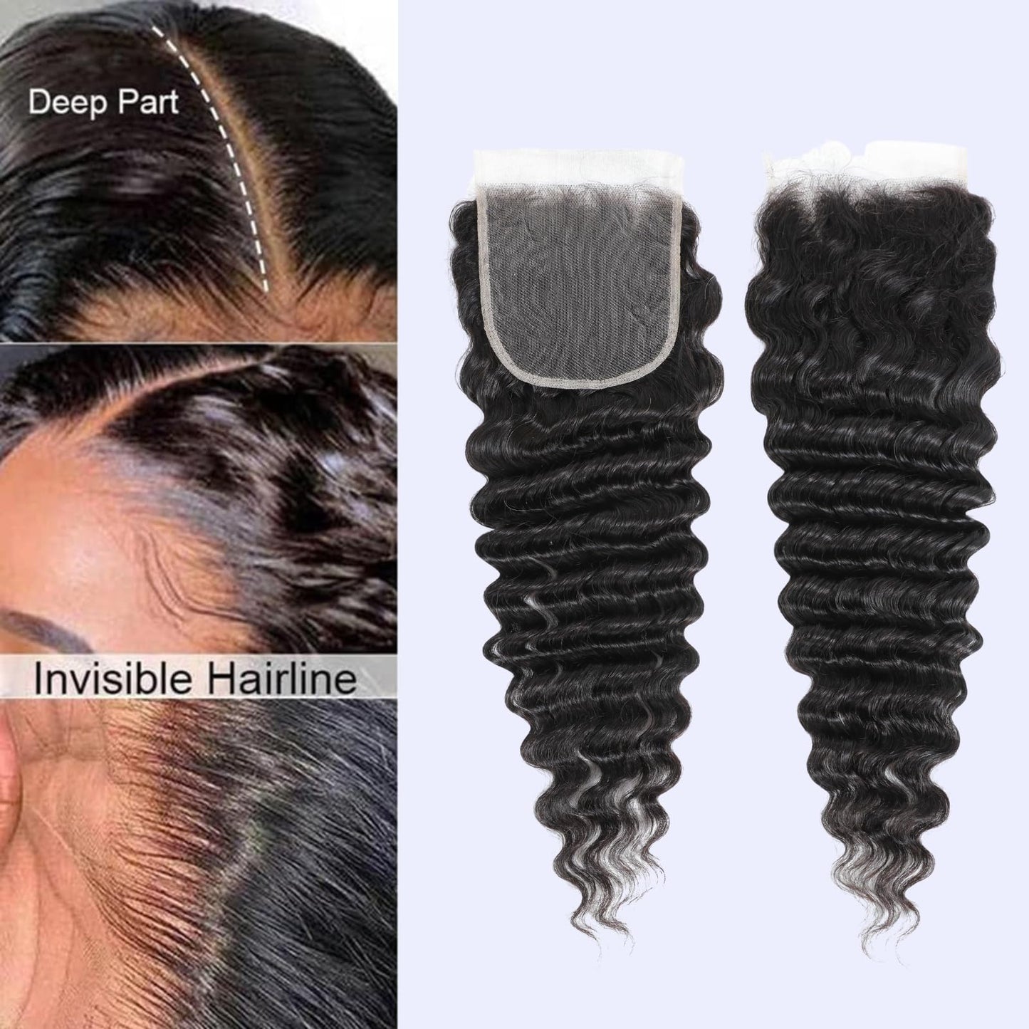 MOMOSHERO HD Transparent Lace Deep Wave Closure, 10" Natural Black, 5x5 Inch, Pre-Plucked, Unprocessed Brazilian Virgin Human Hair, 150% Density, Weave Installation