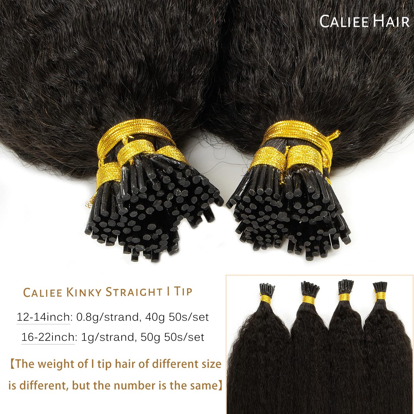 Caliee I Tip Hair Extensions Real Human Hair Kinky Straight 18 Inch Natural Hair Extensions I Tips Human Hair for Black Women Natural Black Color Thick End 50G 50s/pack