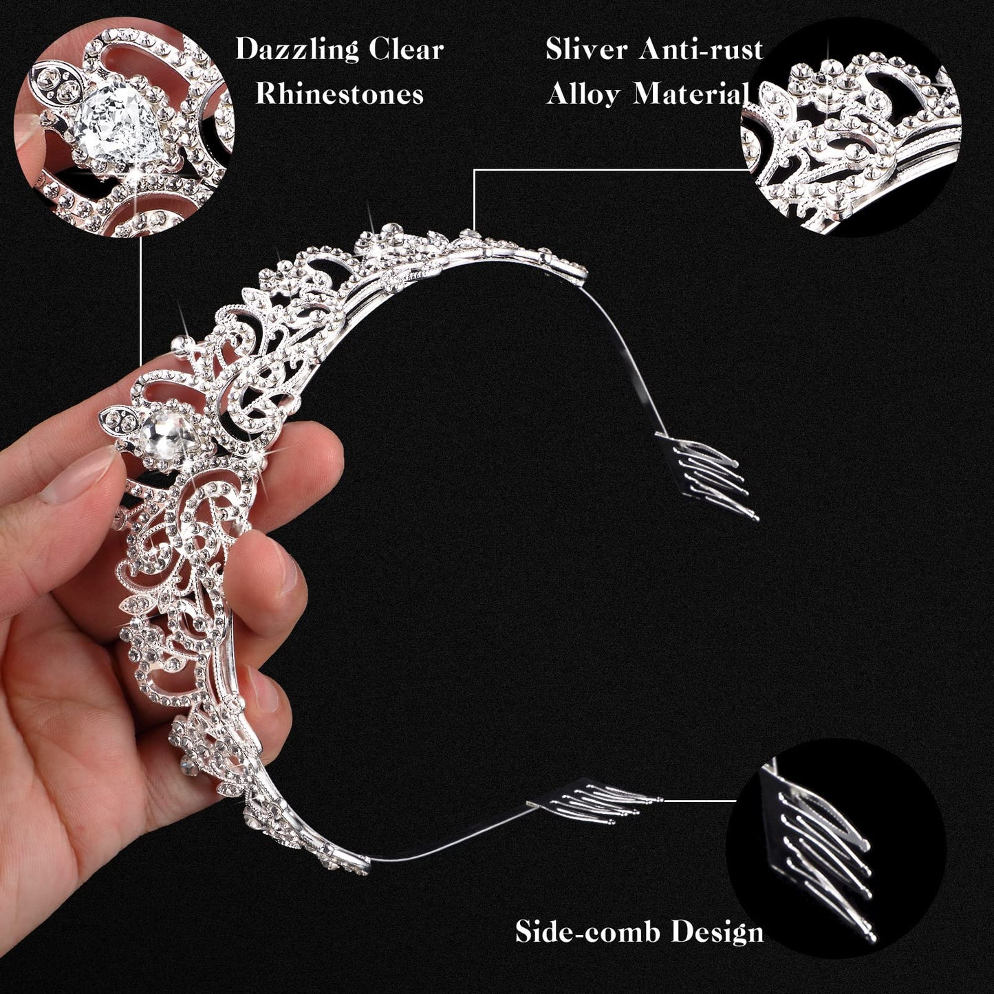 BBTO 10 Pcs Crystal Tiaras and Crowns for Women, Rhinestone Princess Crowns with Combs Birthday Queen Tiaras for Graduation Prom, Wedding, Bachelorette Party, Pageant Hair Accessories(Silver)