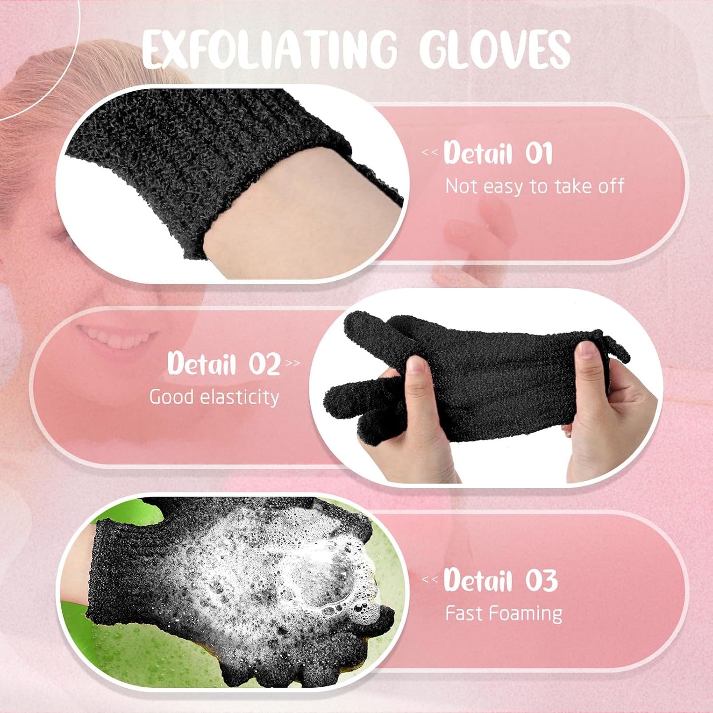 Exfoliating Shower Gloves - 104 Pcs Body Scrubber Set with Hanging Loop | Black for Men & Women