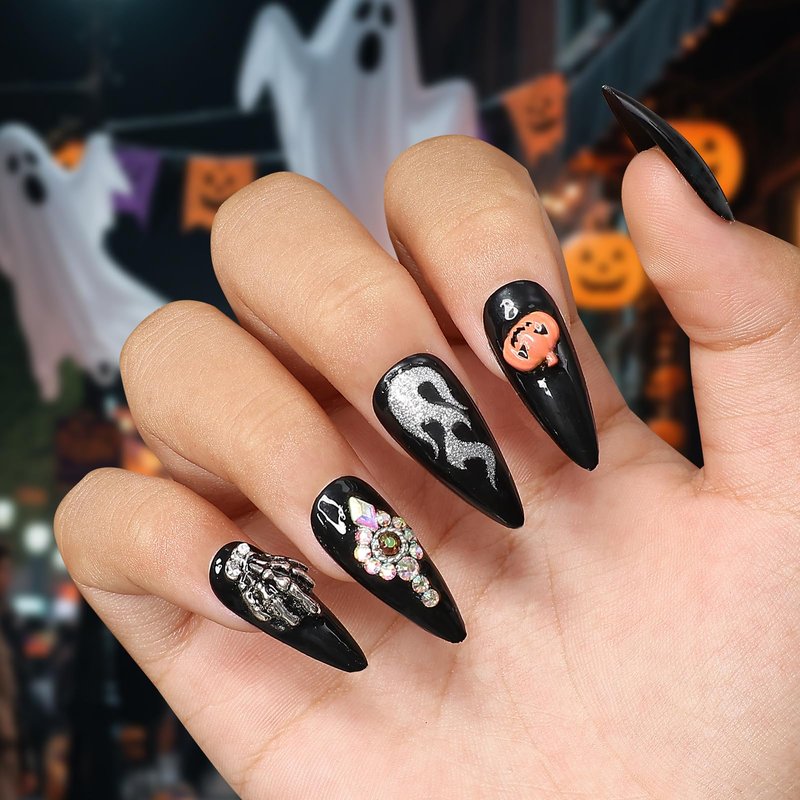 Artquee Halloween Press on Nails 4 Packs 96 Pcs Short Square False Tips with Pumpkin Haunted House Ghost Designs Reusable Fake Stick on Nails Kit for Women - 12 Sizes